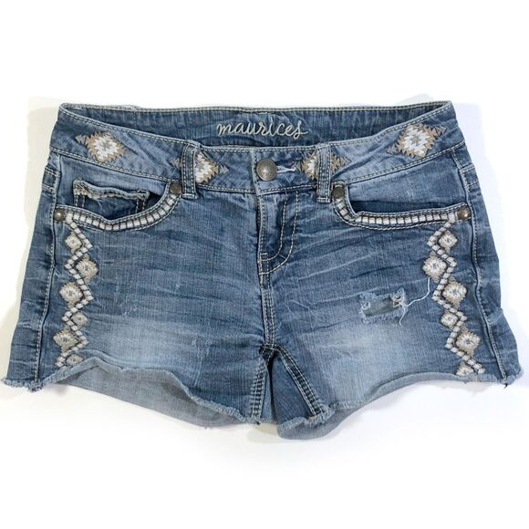 Maurice's Blue Embroidered Stretch Denim Cutoff Shorts - Picture 1 of 8